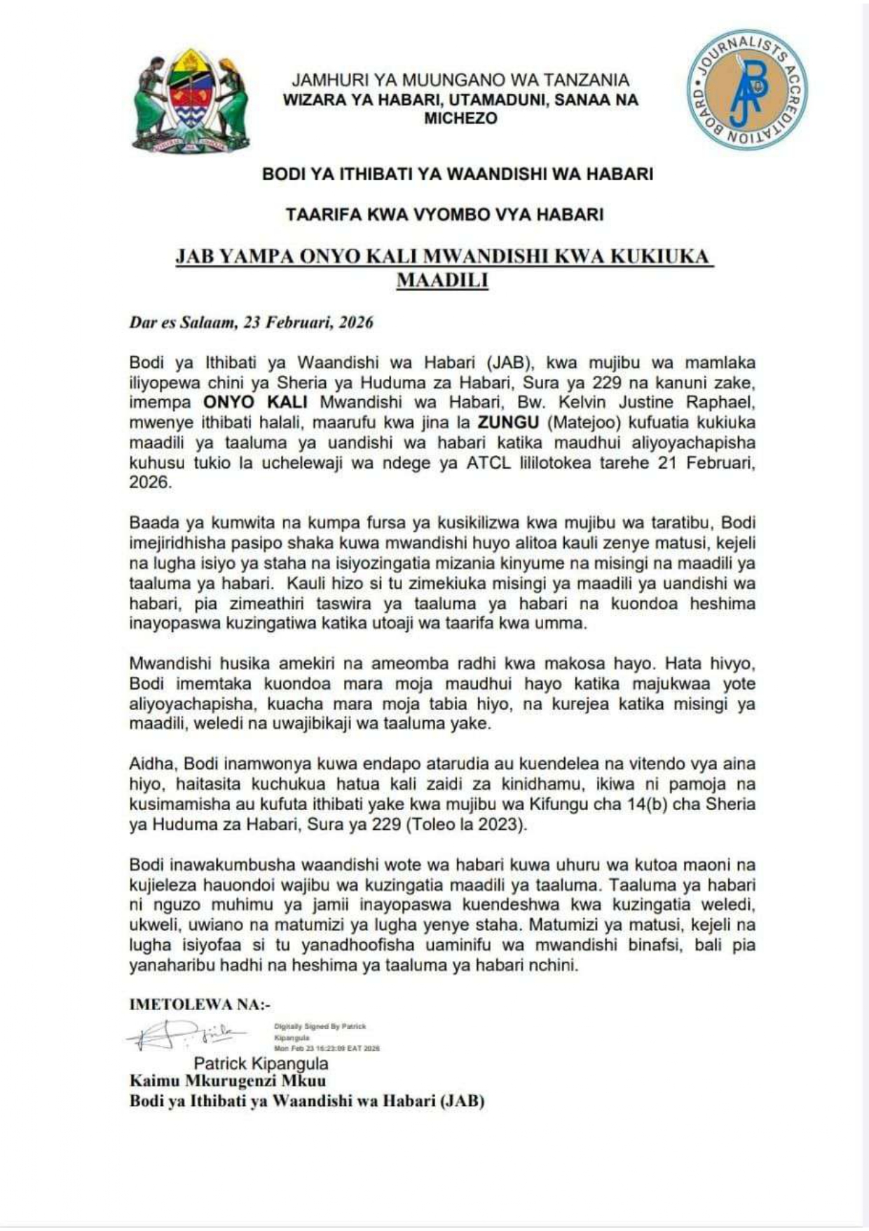 JAB Yampa Onyo Kali Mwandishi kwa Kukituka Maadili ya Uandishi wa Habari